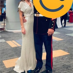 Sequin maxi dress, champagne color, tag says medium but I’m a size 2.